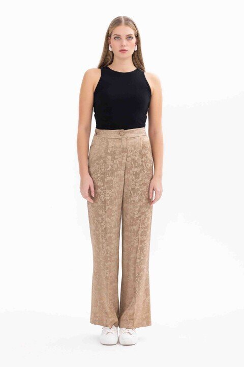 Kadın Pileli Jakar Palazzo Pantolon-Camel - SEÇİL