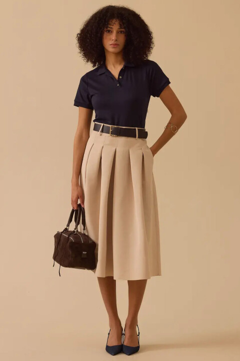 Kadın Polo Yaka Çift Parça Görünümlü Pileli Elbise - Lacivert - Seçil