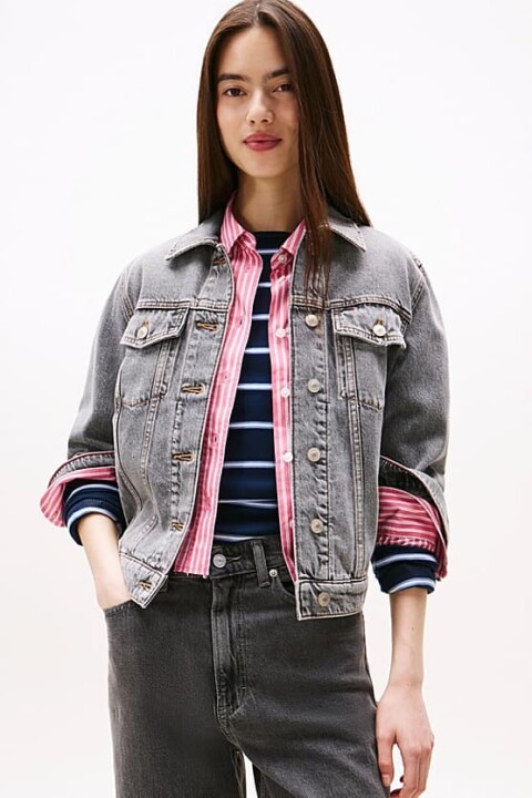 Kadın Rahat Kalıp Çok Cepli Jean Ceket - Eskitme Gri - Tommy Hilfiger