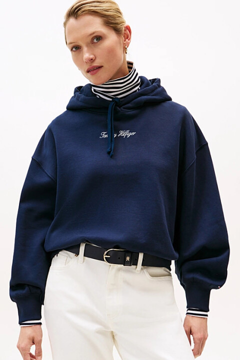 Kadın Rahat Kalıp Düşük Omuzlu Kapüşonlu Sweatshirt - Lacivert 