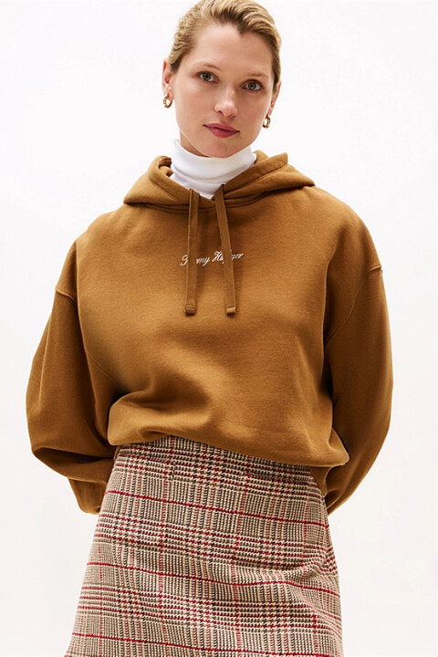 Kadın Rahat Kalıp Düşük Omuzlu Kapüşonlu Sweatshirt - Tarçın - Tommy Hilfiger