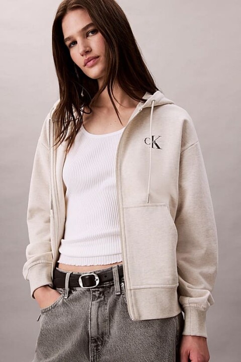 Kadın Rahat Kesim Fermuarlı Kapüşonlu Nakış Logolu Sweatshirt - Bej 