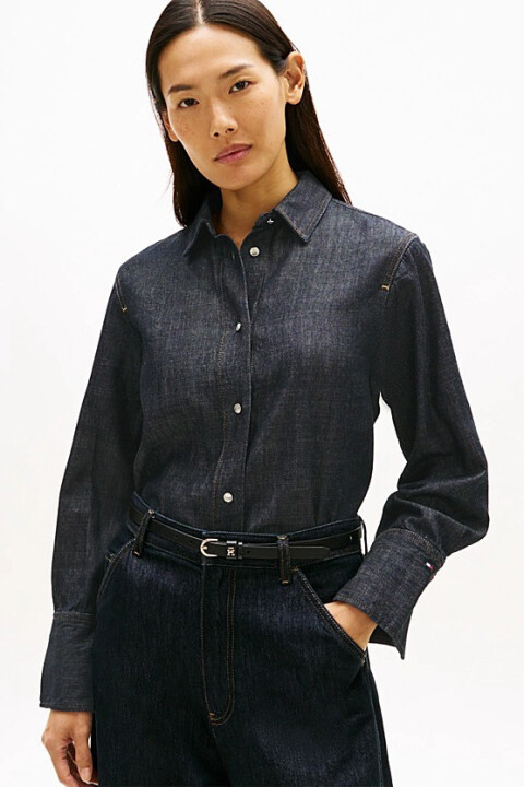 Kadın Rahat Kesim Manşet Logolu Denim Gömlek - Koyu Denim Mavi - Tommy Hilfiger