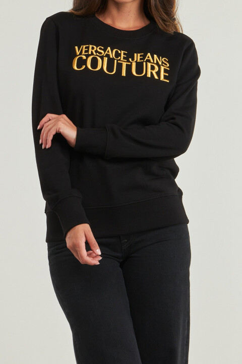 Kadın Regular Fit Altın Rengi Nakışlı Yazı Logolu Bisiklet Yaka Sweatshirt - Siyah - Versace
