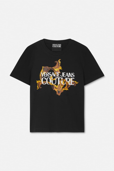 Kadın Regular Fit Barok Desenli Yazı Logolu T-Shirt - Siyah/Altın Sarısı 