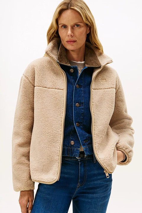 Kadın Regular Fit Dik Yaka Peluş Ceket - Bej - Tommy Hilfiger