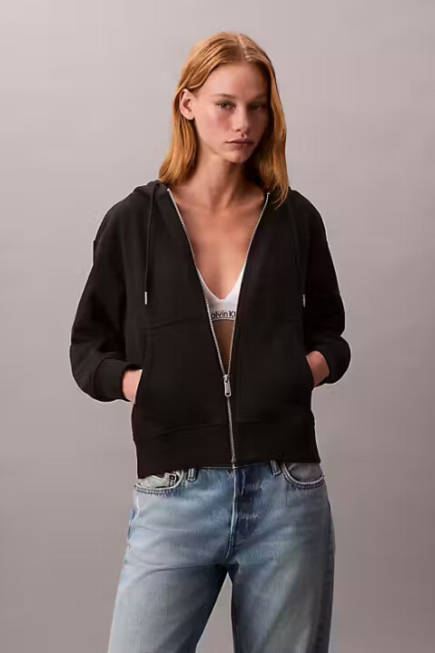 Kadın Regular Fit Fermuarlı Kapüşonlu Sweatshirt - Siyah - Calvin Klein