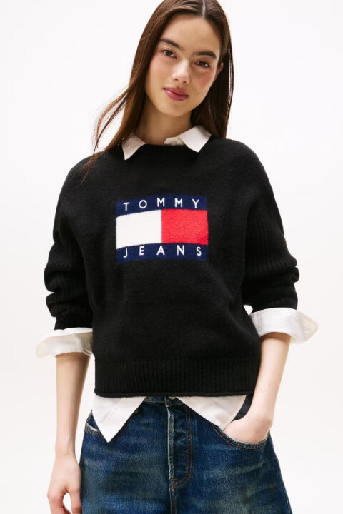 Kadın Regular Fit Grafik Logolu Triko Kazak - Siyah - Tommy Hilfiger