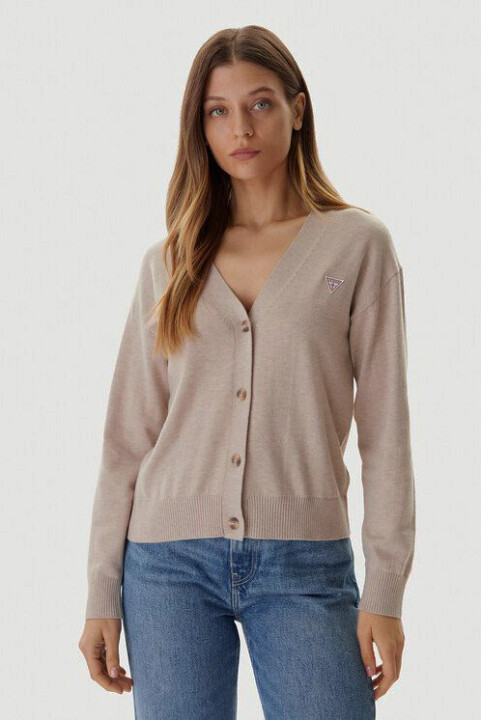 Kadın Regular Fit İpek ve Yün Karışımlı V Yaka Hırka - Bej - Guess