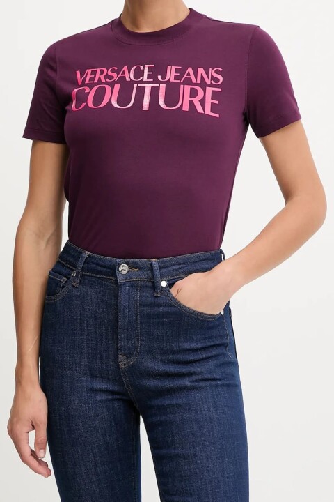 Kadın Regular Fit Parlak Yazı Logolu Bisiklet Yaka T-Shirt - Mor 