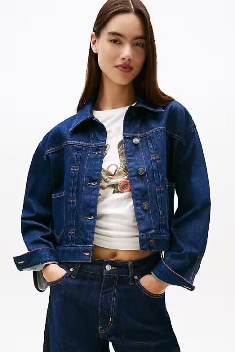 Kadın Regular Fit Pileli Kısa Kot Ceket - Lacivert - Tommy Hilfiger