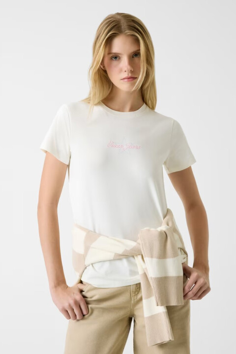 Kadın Regular Fit Taşlı Logolu T-Shirt - Krem 
