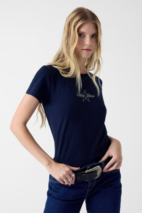 Kadın Regular Fit Taşlı Logolu T-Shirt - Lacivert 