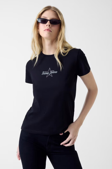 Kadın Regular Fit Taşlı Logolu T-Shirt - Siyah 