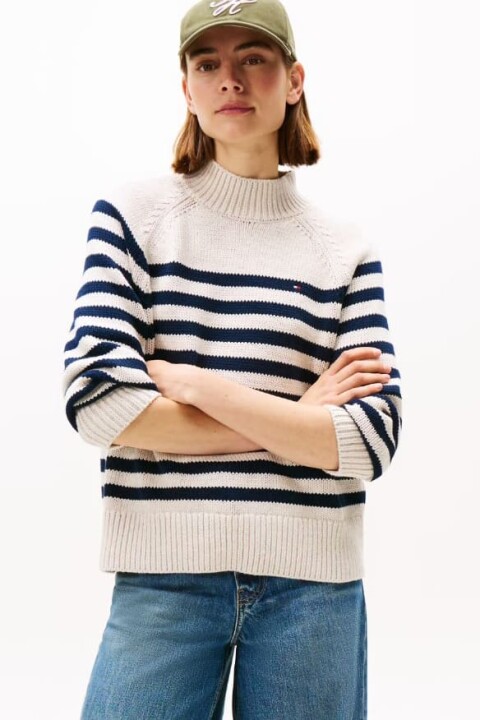 Kadın Regular Fit Yarım Balıkçı Yaka Çizgili Triko Kazak - Krem/Lacivert - Tommy Hilfiger
