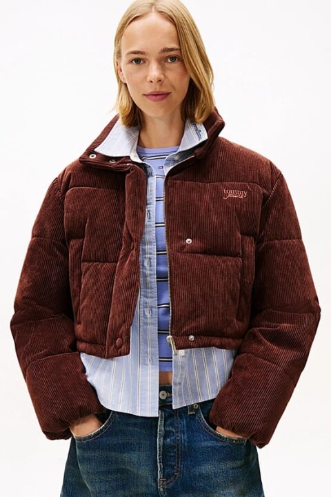 Kadın Relaxed Fit Fitilli Kadife Dokulu Şişme Mont - Kahverengi 