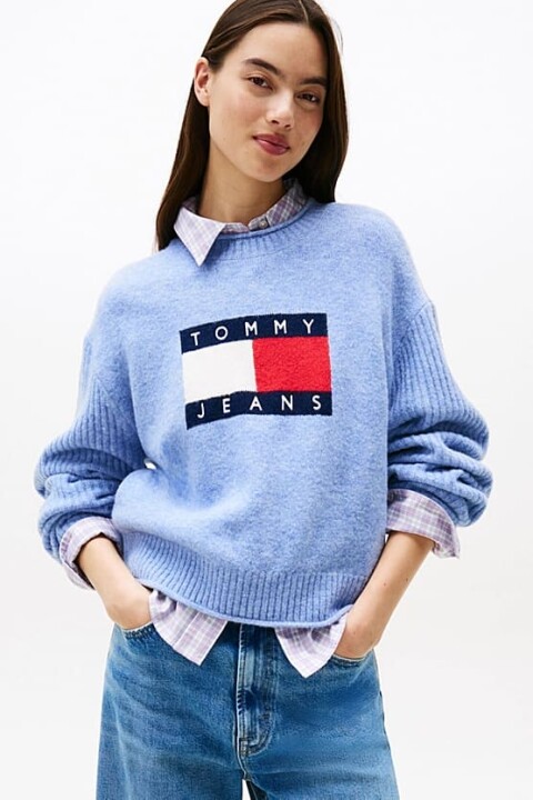 Kadın Relaxed Fit Grafik Logolu Triko Kazak - Mavi - Tommy Hilfiger