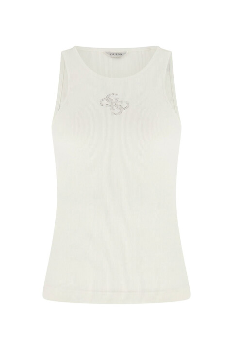 Kadın Round Yuvarlak Yaka Taşlı Ribana Bluz - Beyaz - Guess