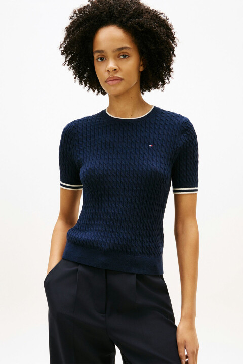 Kadın Saç Örgü Desenli Kısa Kollu Triko Kazak - Lacivert - Tommy Hilfiger
