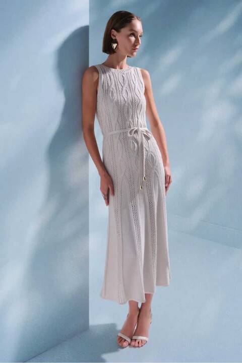 Kadın Saç Örgü Detaylı Kuşaklı Midi Elbise - Bej - Join Us