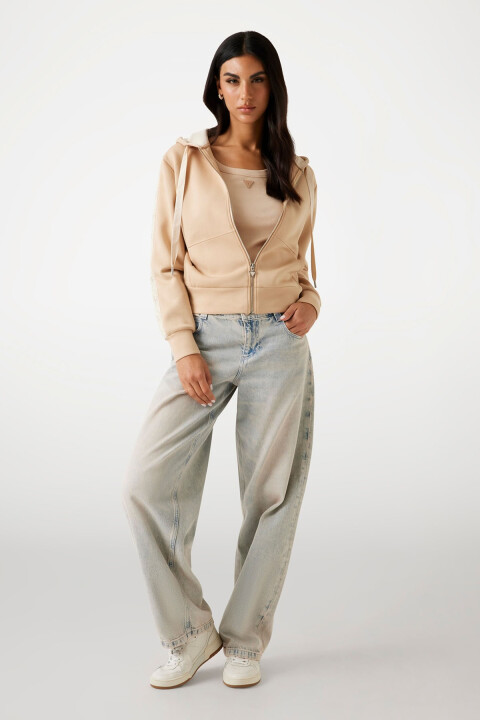 Kadın Scuba Fermuarlı Kapüşonlu Sweatshirt - Krem 