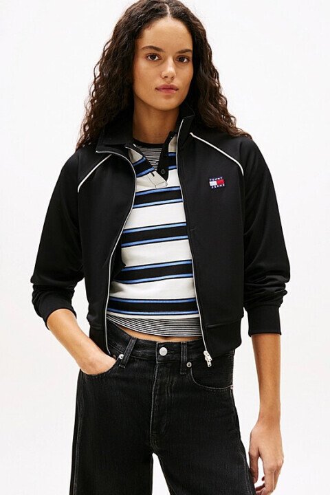 Kadın Şerit Detaylı Fermuarlı Ceket - Siyah - Tommy Hilfiger