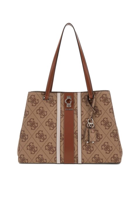 Kadın Şerit Detaylı Monogram Desenli Tote Çanta - Kahverengi - Guess
