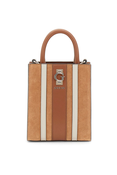 Kadın Şerit Detaylı Süet Deri Mini Dikey Çanta - Taba - Guess