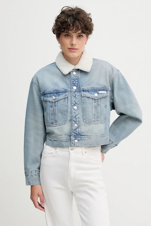Kadın Sherpa Wool Denim Peluş Yakalı Ceket - Mavi - Calvin Klein