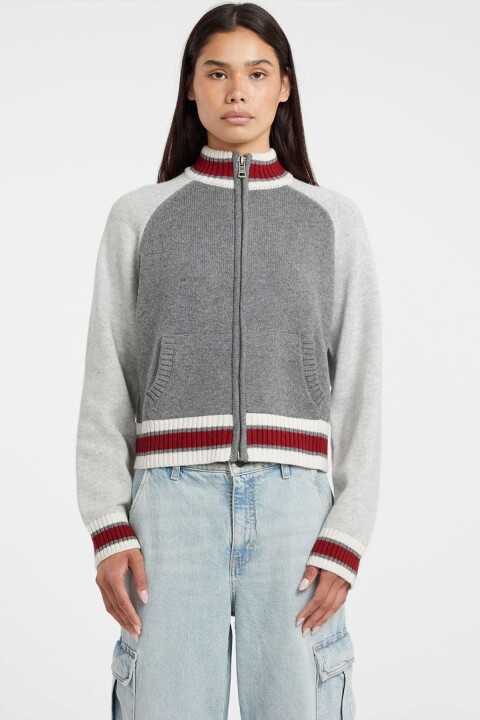 Kadın Sırtı Grafik Desenli Fermuarlı Triko Hırka - Gri - Guess