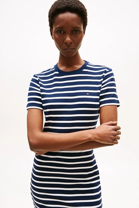 Kadın Slim Fit Çizgili Mini T-Shirt Elbise - Lacivert/Beyaz - Tommy Hilfiger