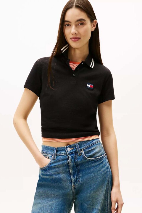 Kadın Slim Fit Çizgili Yaka Polo T-Shirt - Siyah - Tommy Hilfiger