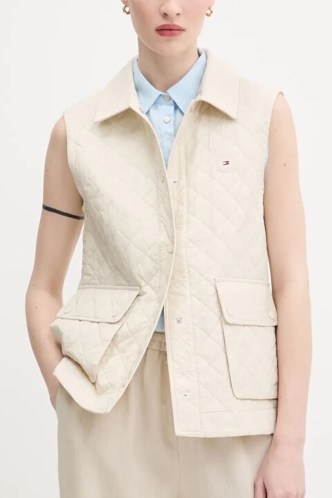 Kadın Slim Fit Kapitone Gömlek Yaka Yelek - Krem - Tommy Hilfiger