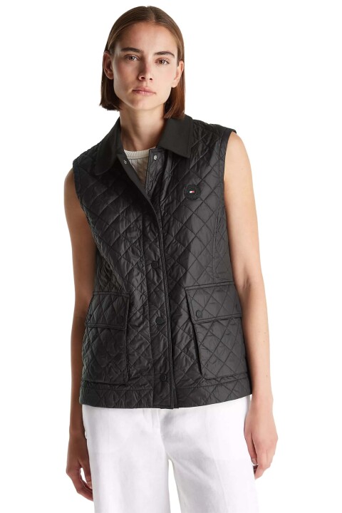 Kadın Slim Fit Kapitone Gömlek Yaka Yelek - Siyah - Tommy Hilfiger