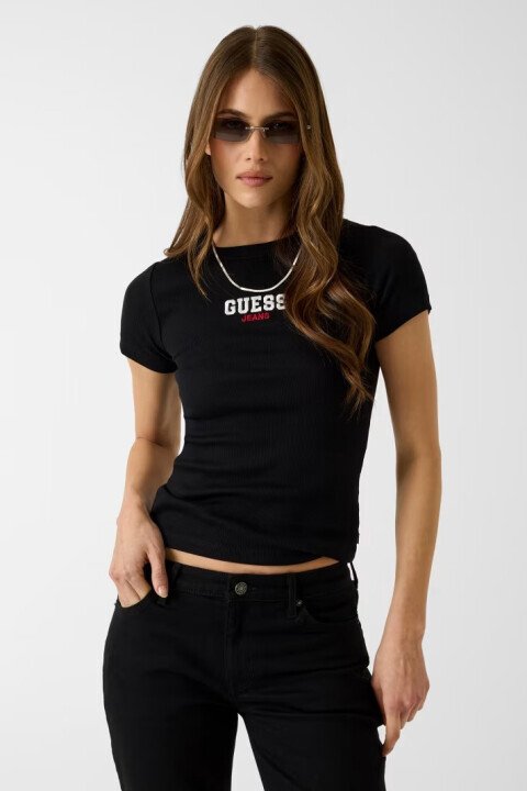 Kadın Slim Fit Logo Detaylı T-Shirt - Siyah - Guess