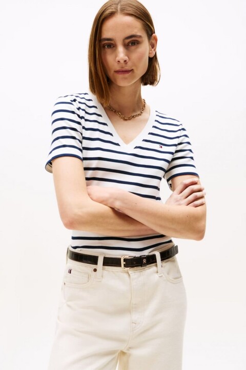 Kadın Slim Fit V Yaka Kısa Kollu Çizgili T-Shirt - Lacivert/Ekru 