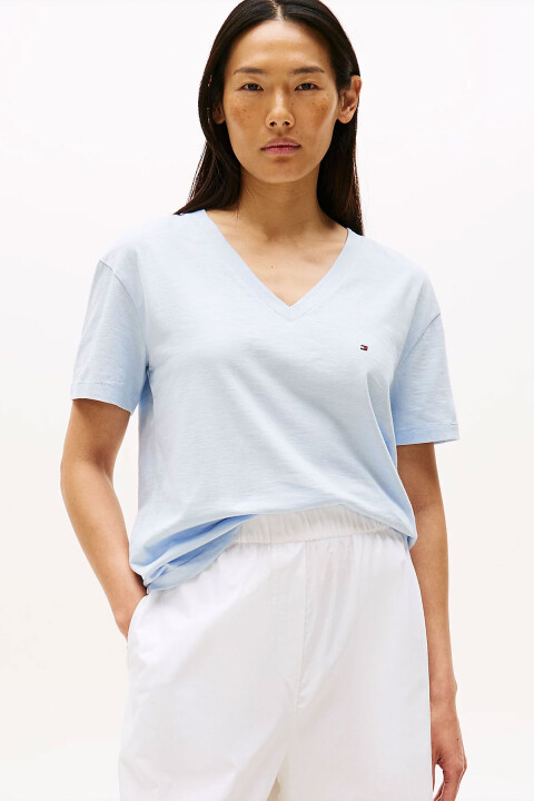 Kadın Slub Crop V-Yaka Kısa Kol T-Shirt - Açık Mavi 