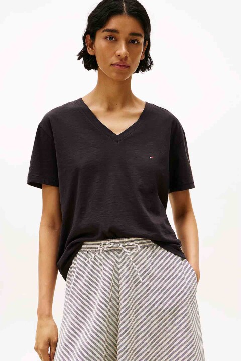 Kadın Slub Crop V-Yaka Kısa Kol T-Shirt - Siyah 