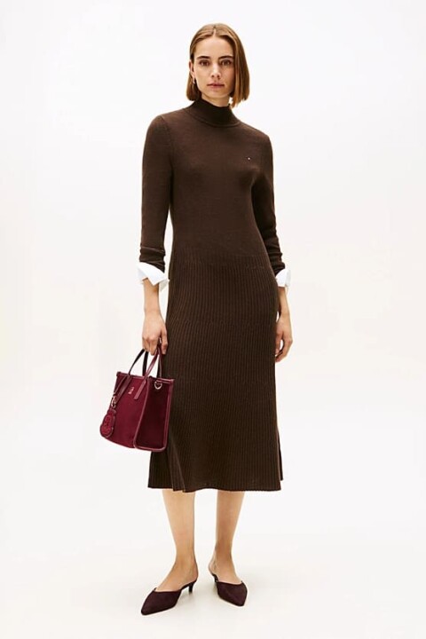 Kadın Soft Wool Regular Fit Yarım Balıkçı Yaka Midi Elbise - Kahverengi - Tommy Hilfiger