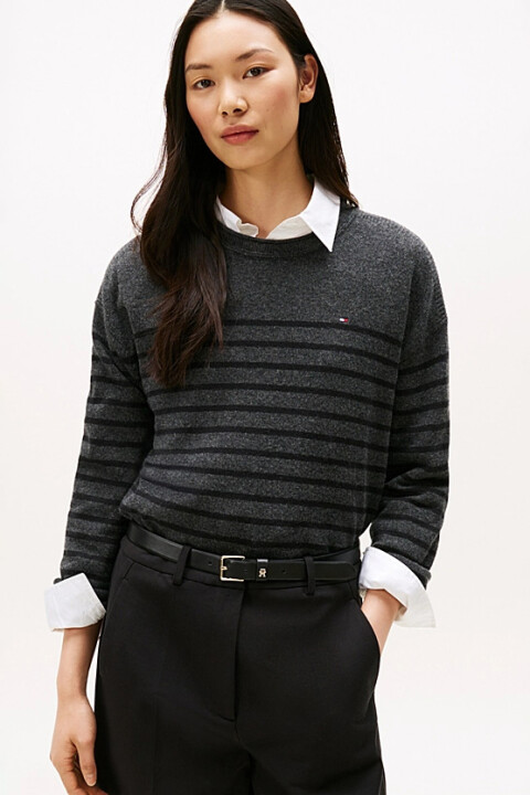 Kadın Soft Wool Relaxed Fit Bisiklet Yaka Çizgili Yün Kazak - Koyu Gri - Tommy Hilfiger