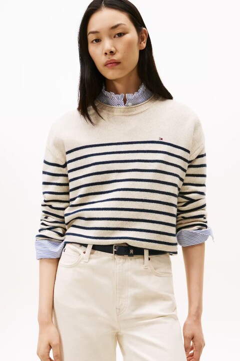 Kadın Soft Wool Relaxed Fit Düşük Omuz Çizgili Kazak - Bej/Lacivert - Tommy Hilfiger