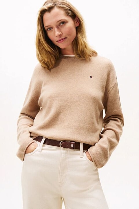 Kadın Soft Wool Relaxed Fit Düşük Omuz Kazak - Bej - Tommy Hilfiger