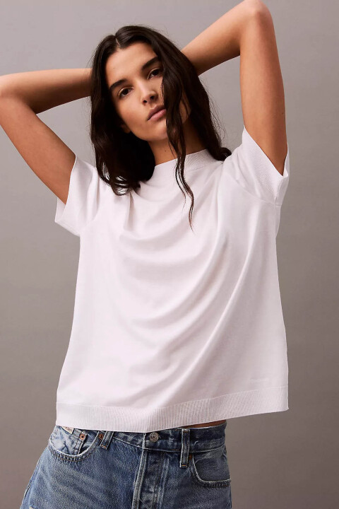 Kadın Ss Silk Touch Fine Knit Mock Nk T-Shirt - Beyaz - Calvin Klein