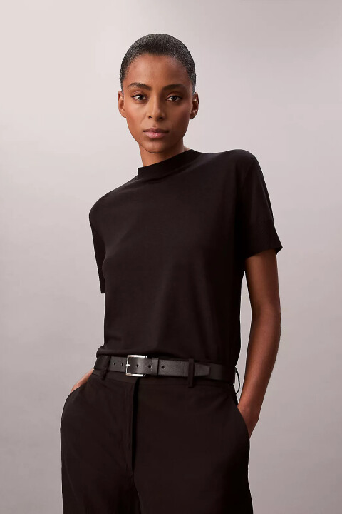 Kadın Ss Silk Touch Fine Knit Mock Nk T-Shirt - Siyah - Calvin Klein