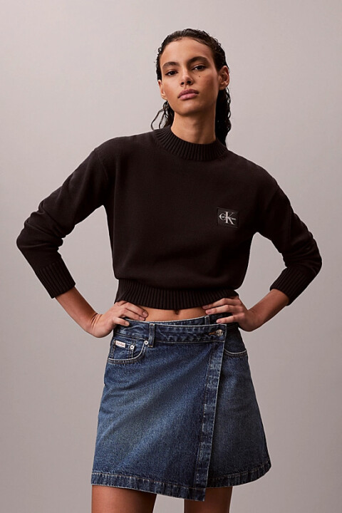 Kadın Standart Kalıp Yarım Balıkçı Yaka Logolu Triko Kazak - Siyah 