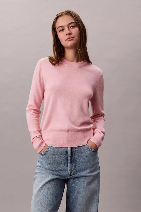 Kadın Tam Kalıp Bisiklet Yaka İnce Örgü Yün Karışımlı Triko - Pembe - Calvin Klein