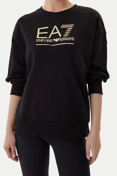 Kadın Tam Kalıp Bisiklet Yaka Metalik Logolu Sweatshirt - Siyah/Altın - Ea7