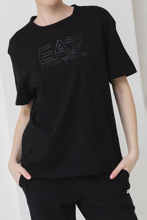 Kadın Tam Kalıp Bisiklet Yaka Parlak Logolu T-Shirt - Siyah - Ea7