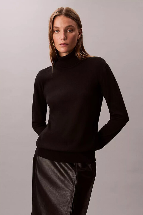Kadın Tam Kalıp Boğazlı Yaka Yün Karışımlı Kazak - Siyah - Calvin Klein