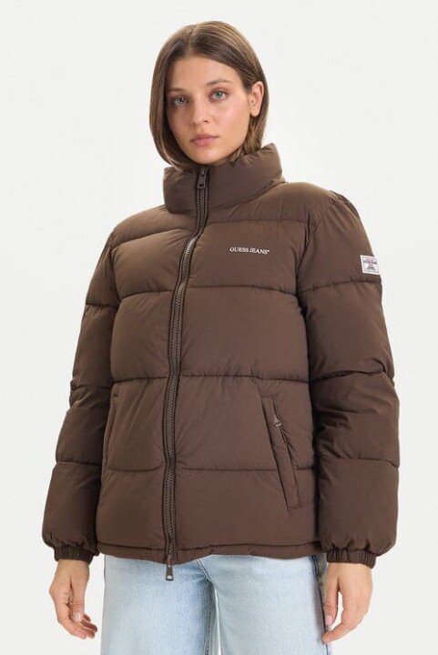 Kadın Tam Kalıp Dik Yaka Şişme Mont - Kahverengi - Guess